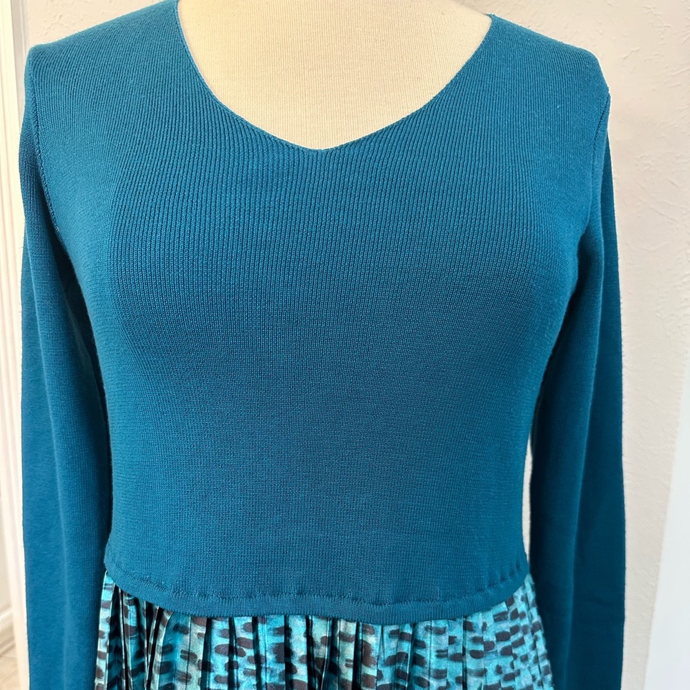 Teal Long Sleeve Dress with Patterned Skirt